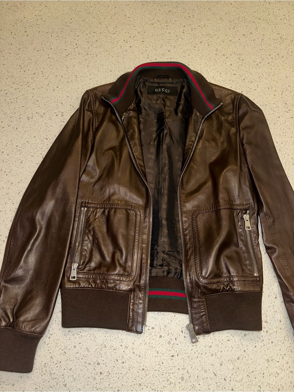 Gucci Brown Leather Bomber Jacket with Red & Green Stripe Trim